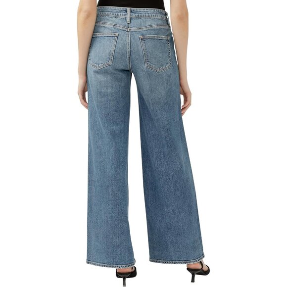 Women's Wide Leg Jeans Mid Rise Curvy Fit Cotton Lyocell Flare Style - Picture 3 of 4